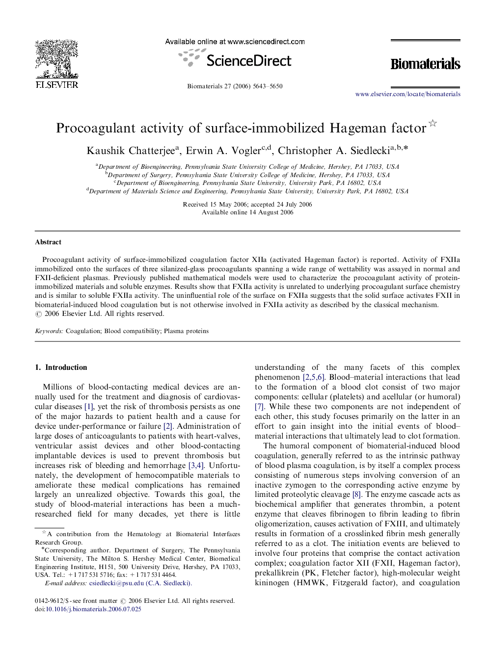 Procoagulant activity of surface-immobilized Hageman factor 