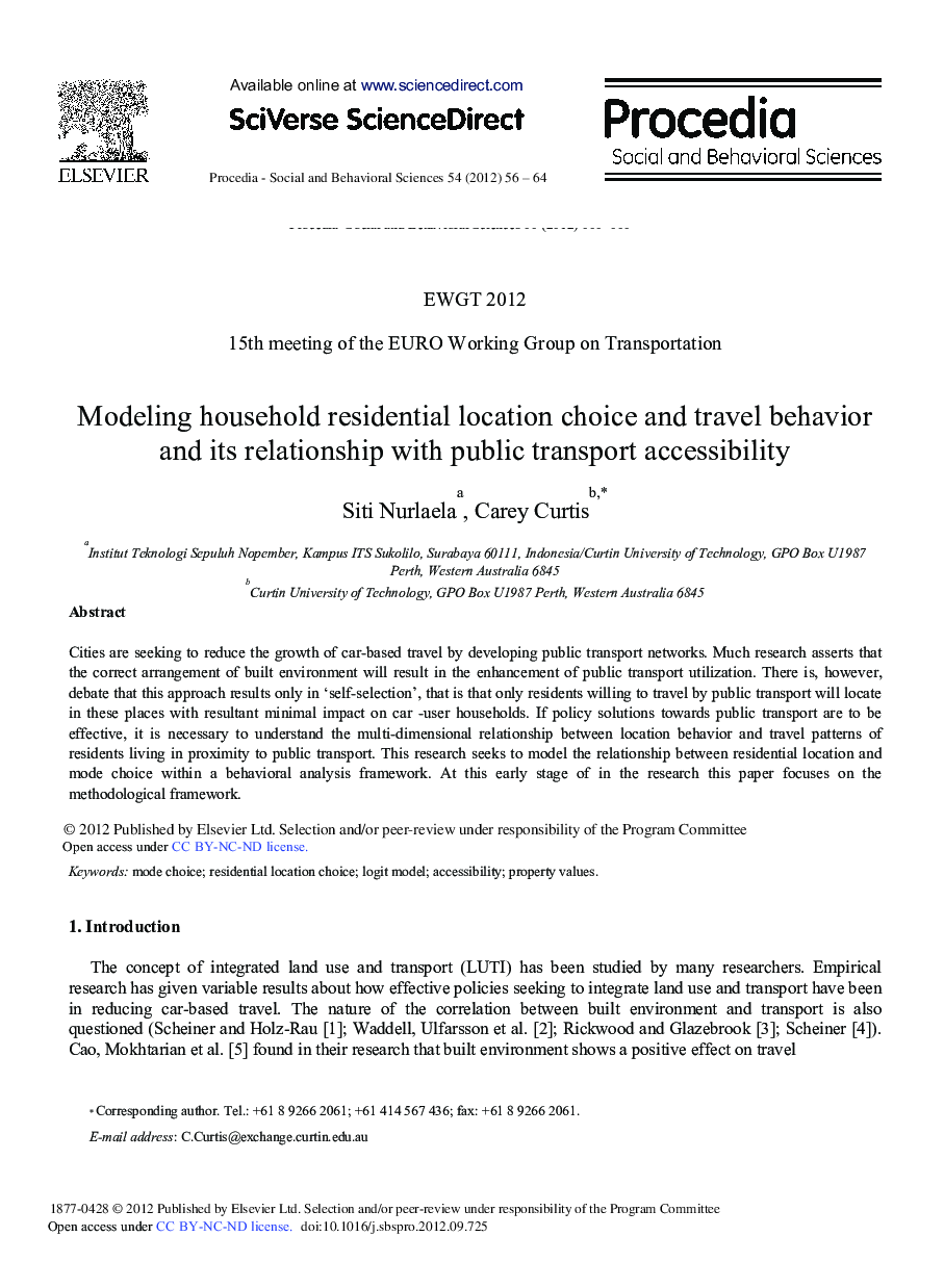 Modeling Household Residential Location Choice and Travel Behavior and Its Relationship with Public Transport Accessibility