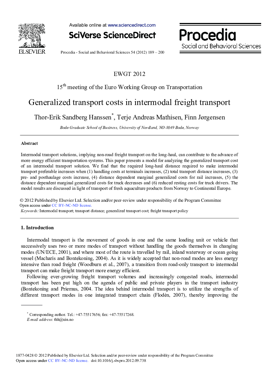 Generalized Transport Costs in Intermodal Freight Transport