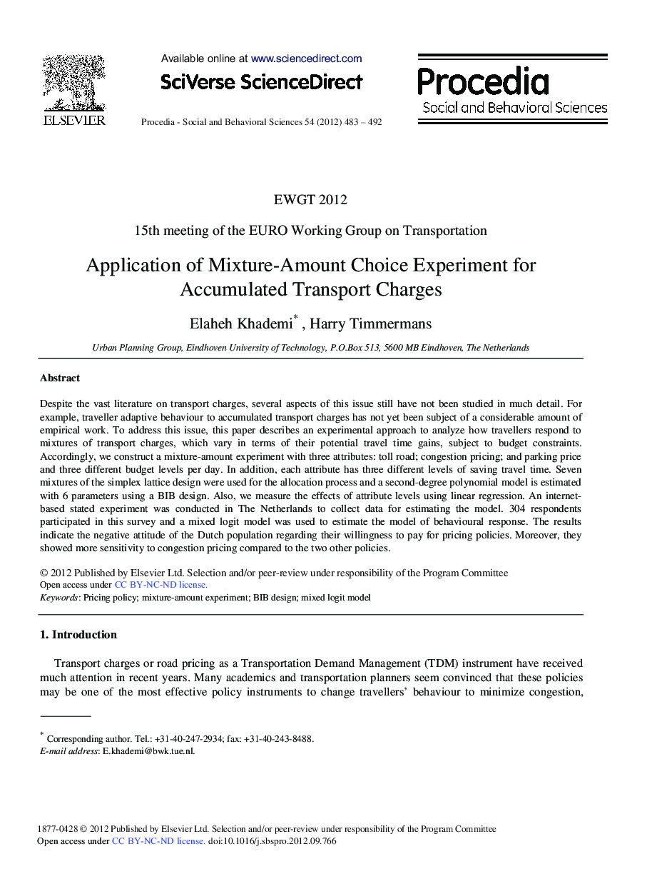 Application of Mixture-Amount Choice Experiment for Accumulated Transport Charges