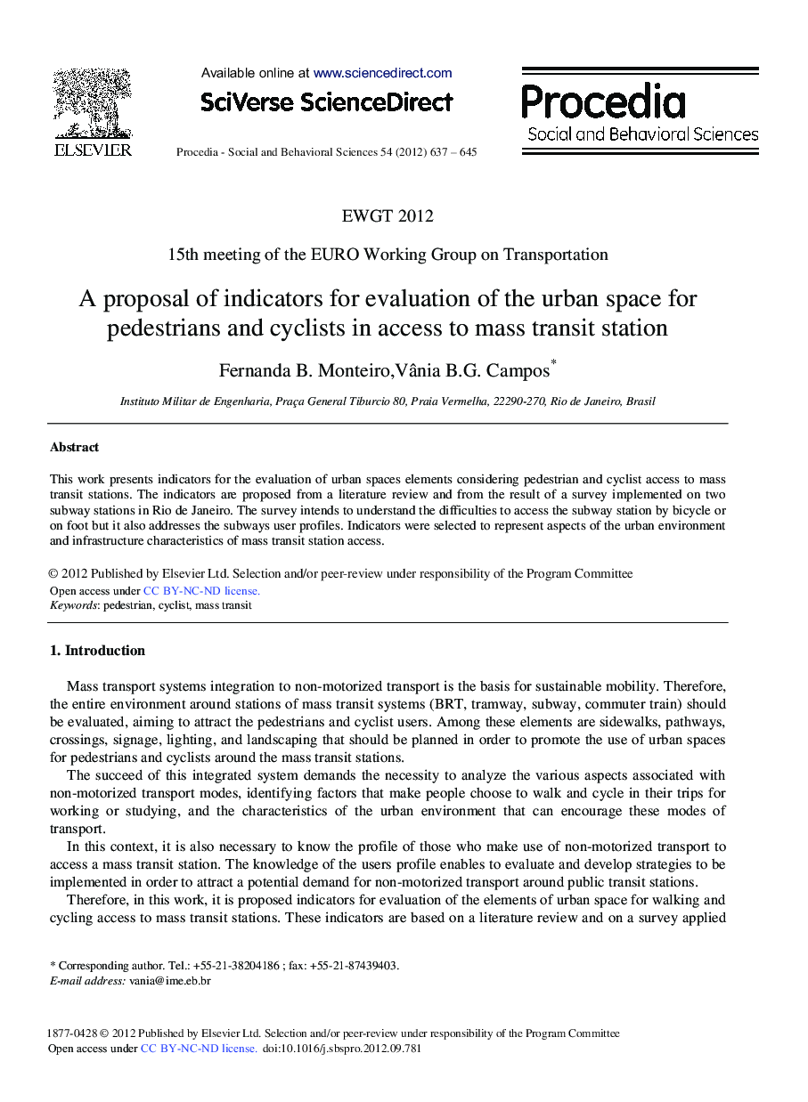 A Proposal of Indicators for Evaluation of the Urban Space for Pedestrians and Cyclists in Access to Mass Transit Station