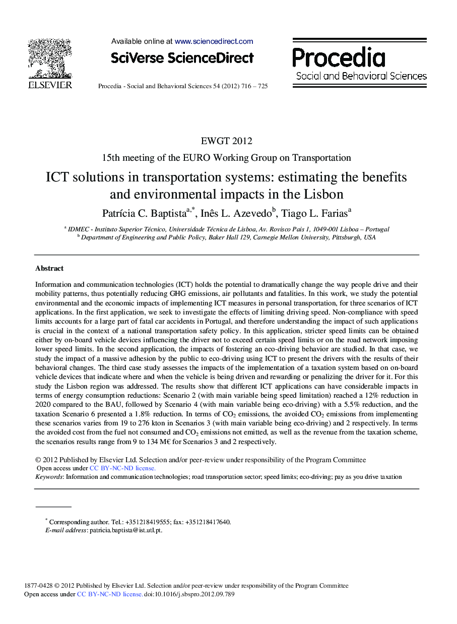 ICT Solutions in Transportation Systems: Estimating the Benefits and Environmental Impacts in the Lisbon