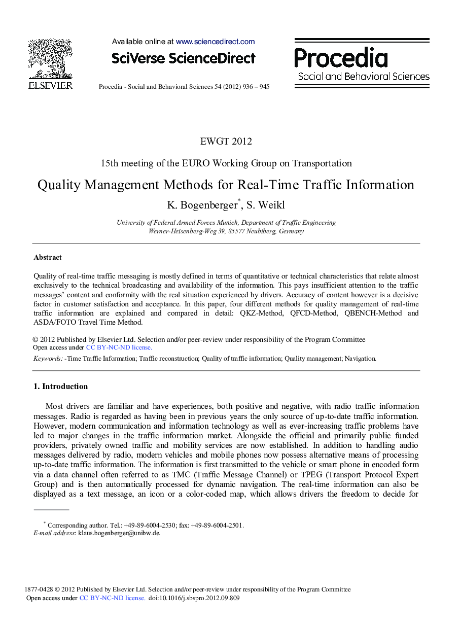 Quality Management Methods for Real-Time Traffic Information