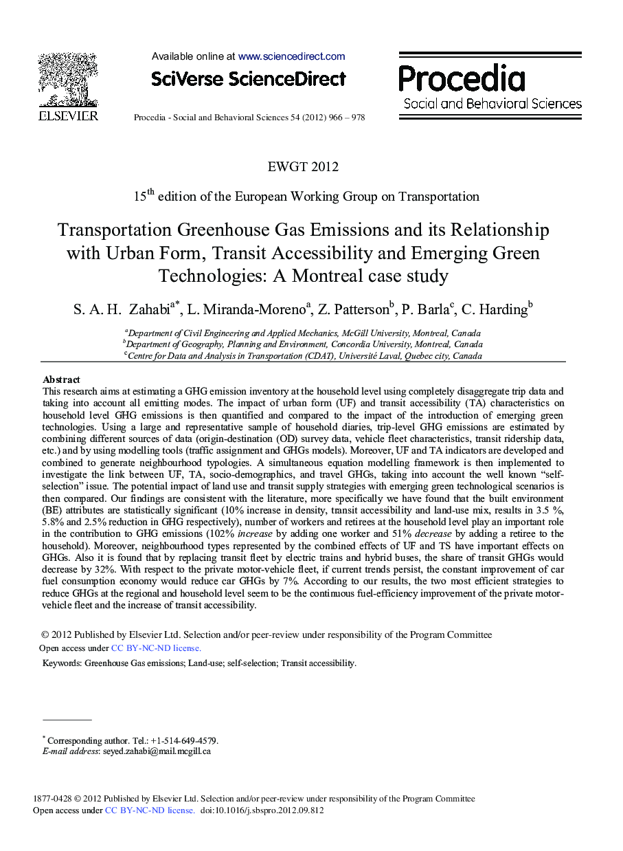 Transportation Greenhouse Gas Emissions and its Relationship with Urban Form, Transit Accessibility and Emerging Green Technologies: A Montreal Case Study
