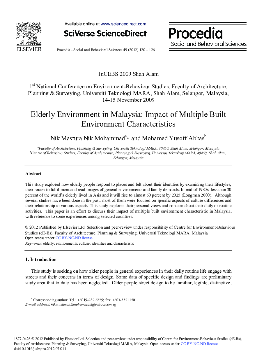 Elderly Environment in Malaysia: Impact of Multiple Built Environment Characteristics