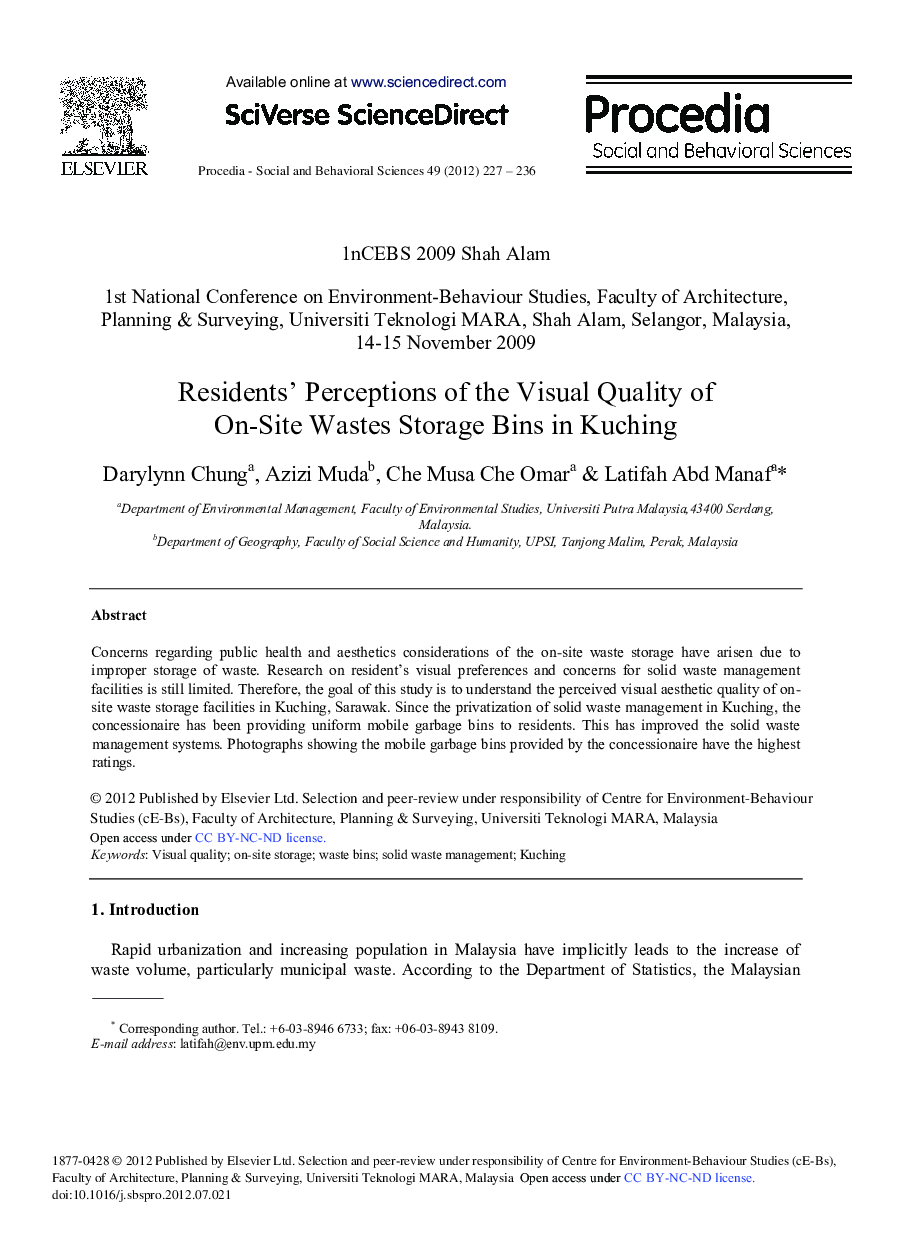 Residents' Perceptions of the Visual Quality of On-Site Wastes Storage Bins in Kuching