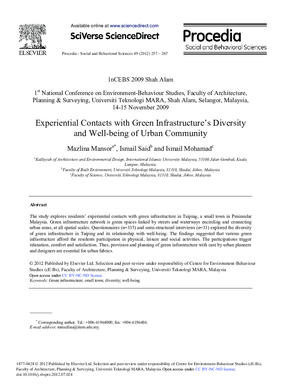 Experiential Contacts with Green Infrastructure's Diversity and Well-being of Urban Community