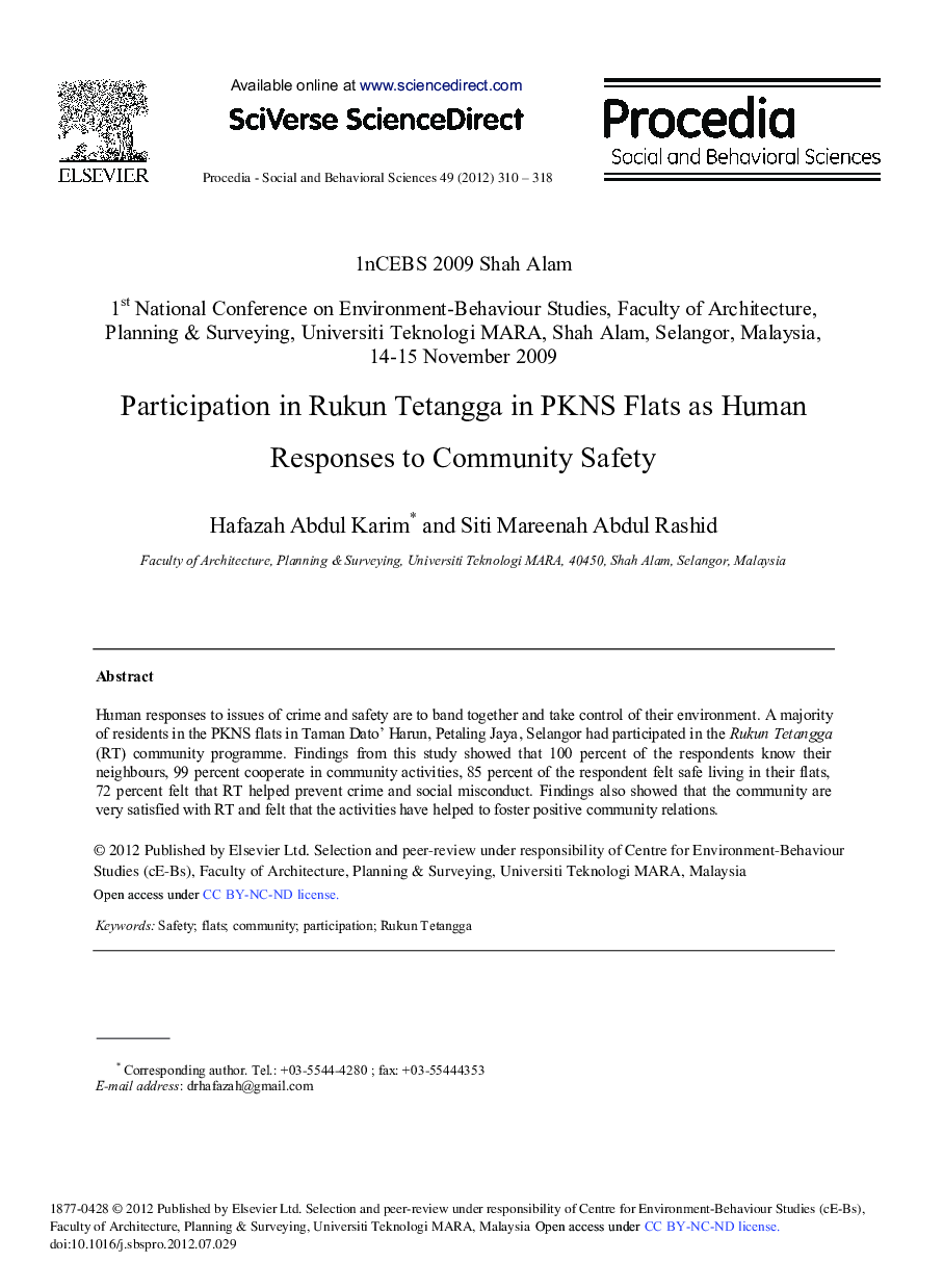 Participation in Rukun Tetangga in PKNS Flats as Human Responses to Community Safety