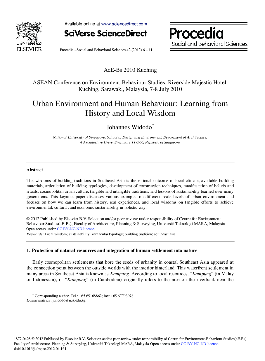 Urban Environment and Human Behaviour: Learning from History and Local Wisdom