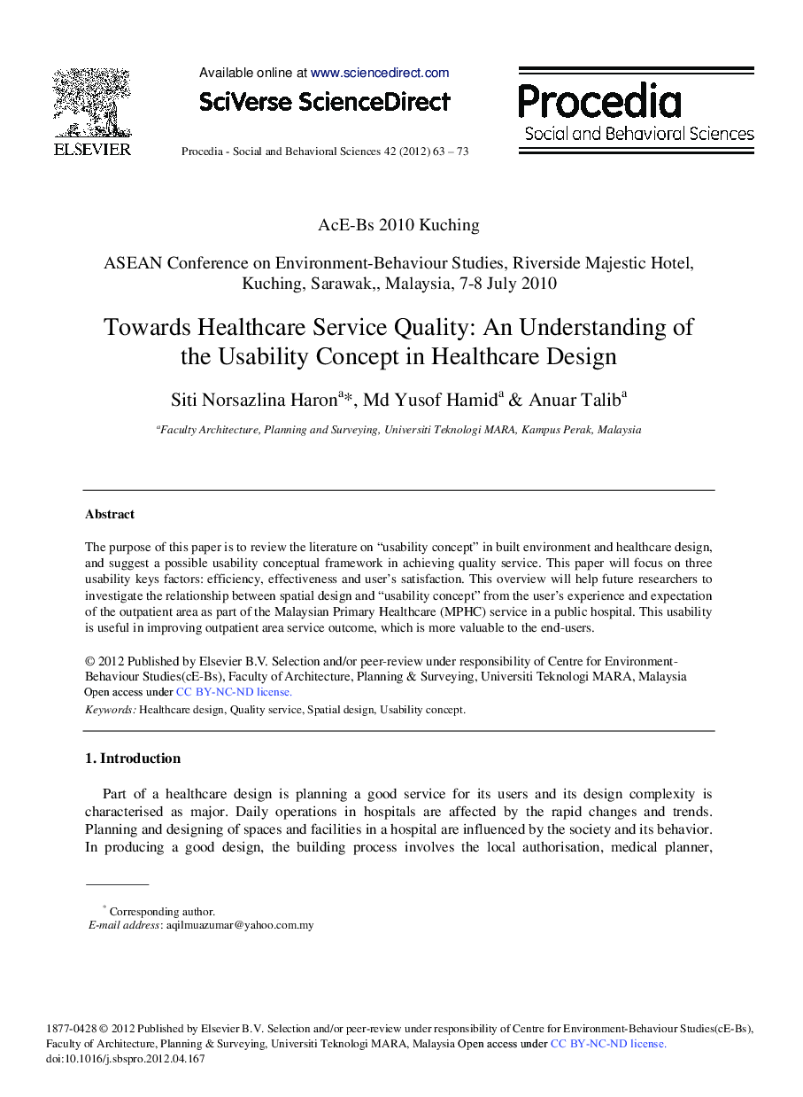 Towards Healthcare Service Quality: An Understanding of the Usability Concept in Healthcare Design