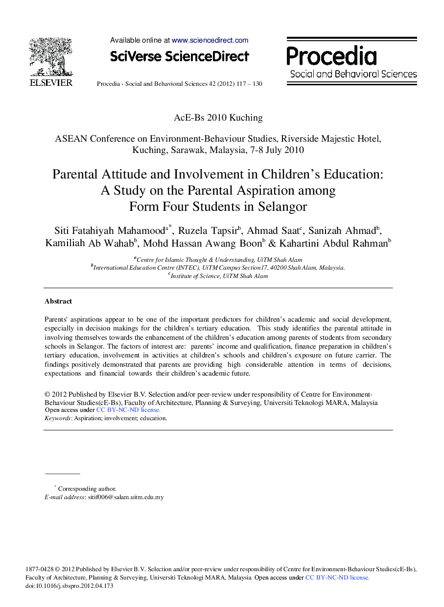 Parental Attitude and Involvement in Children's Education: A Study on the Parental Aspiration among Form Four Students in Selangor