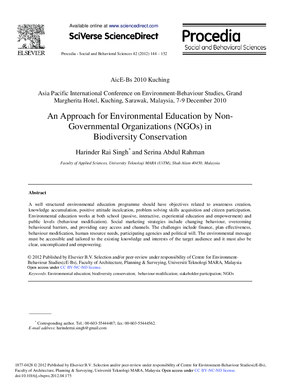 An Approach for Environmental Education by Non-Governmental Organizations (NGOs) in Biodiversity Conservation