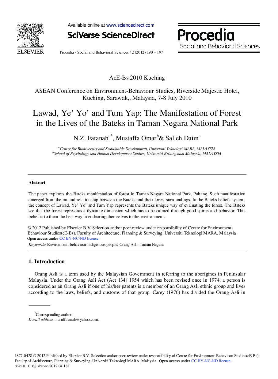 Lawad, Ye’ Yo’ and Tum Yap: The Manifestation of Forest in the Lives of the Bateks in Taman Negara National Park