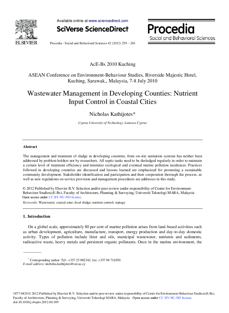 Wastewater Management in Developing Counties: Nutrient Input Control in Coastal Cities