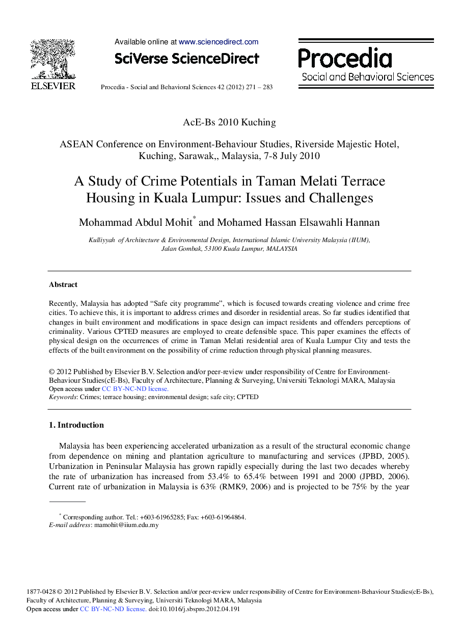 A Study of Crime Potentials in Taman Melati Terrace Housing in Kuala Lumpur: Issues and Challenges