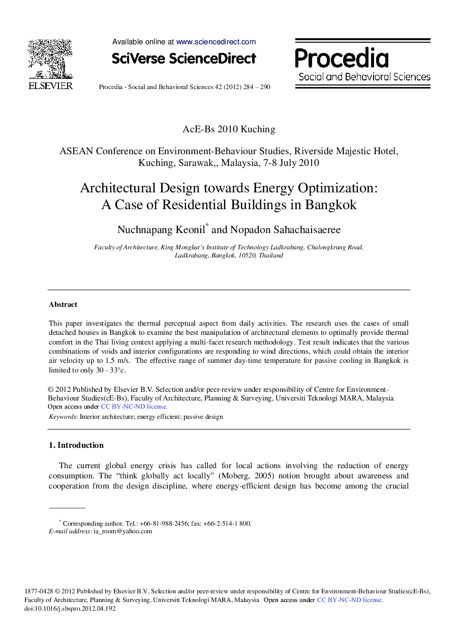 Architectural Design towards Energy Optimization: A Case of Residential Buildings in Bangkok