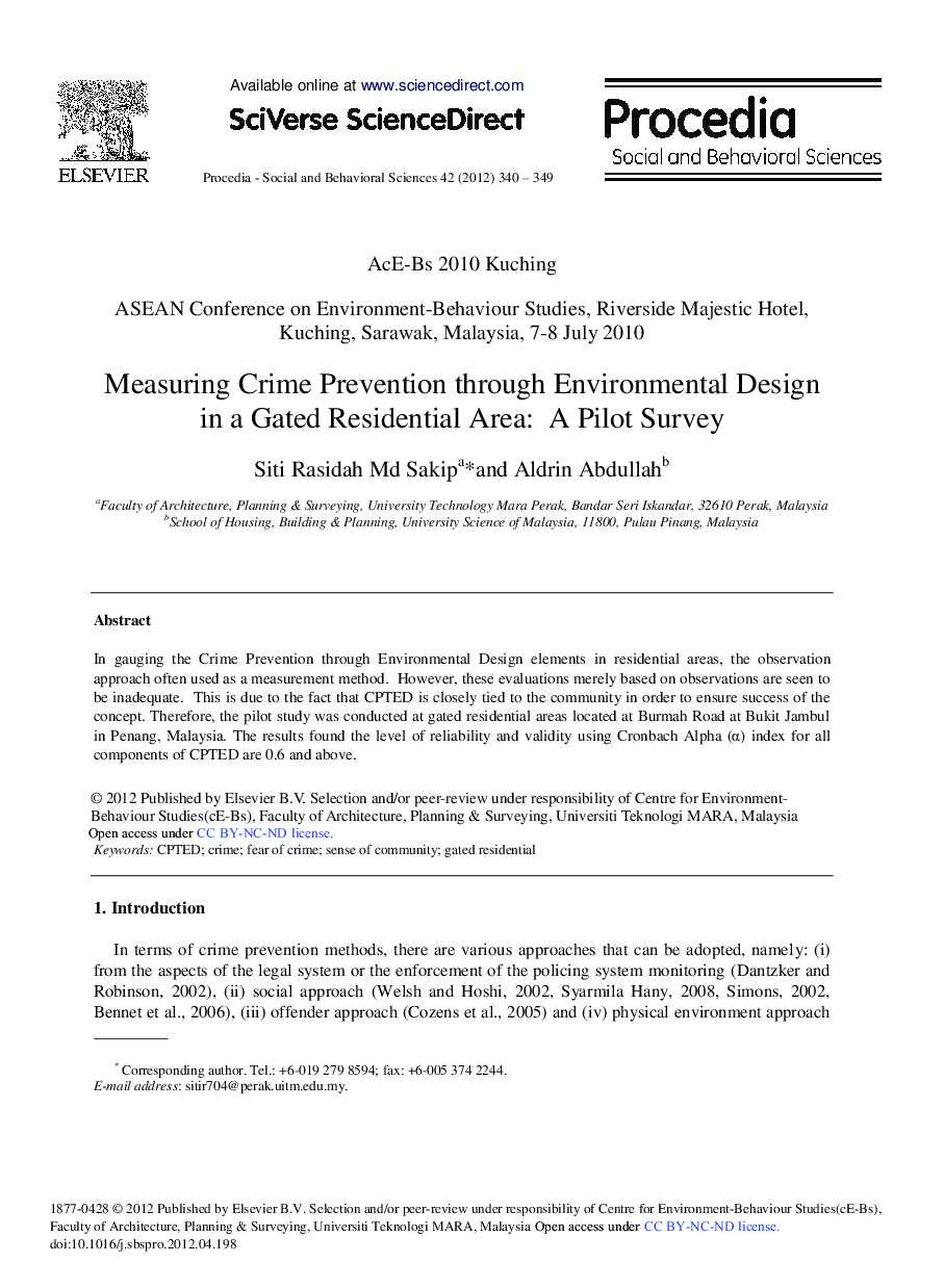 Measuring Crime Prevention through Environmental Design in a Gated Residential Area: A Pilot Survey