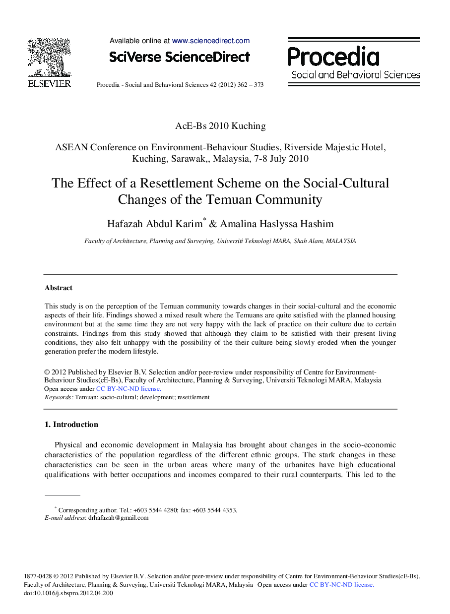 The Effect of a Resettlement Scheme on the Social-Cultural Changes of the Temuan Community