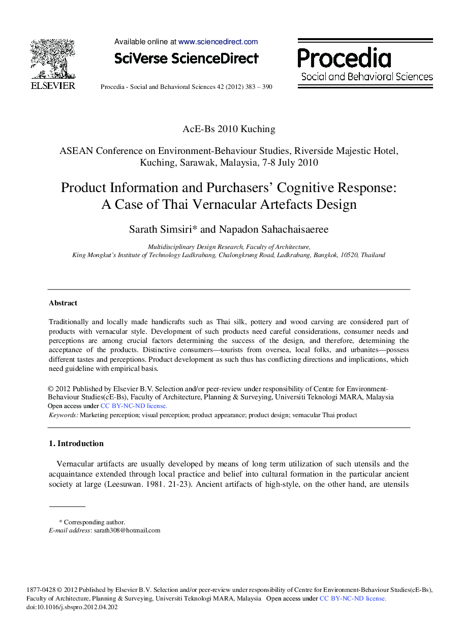 Product Information and Purchasers’ Cognitive Response: A Case of Thai Vernacular Artefacts Design