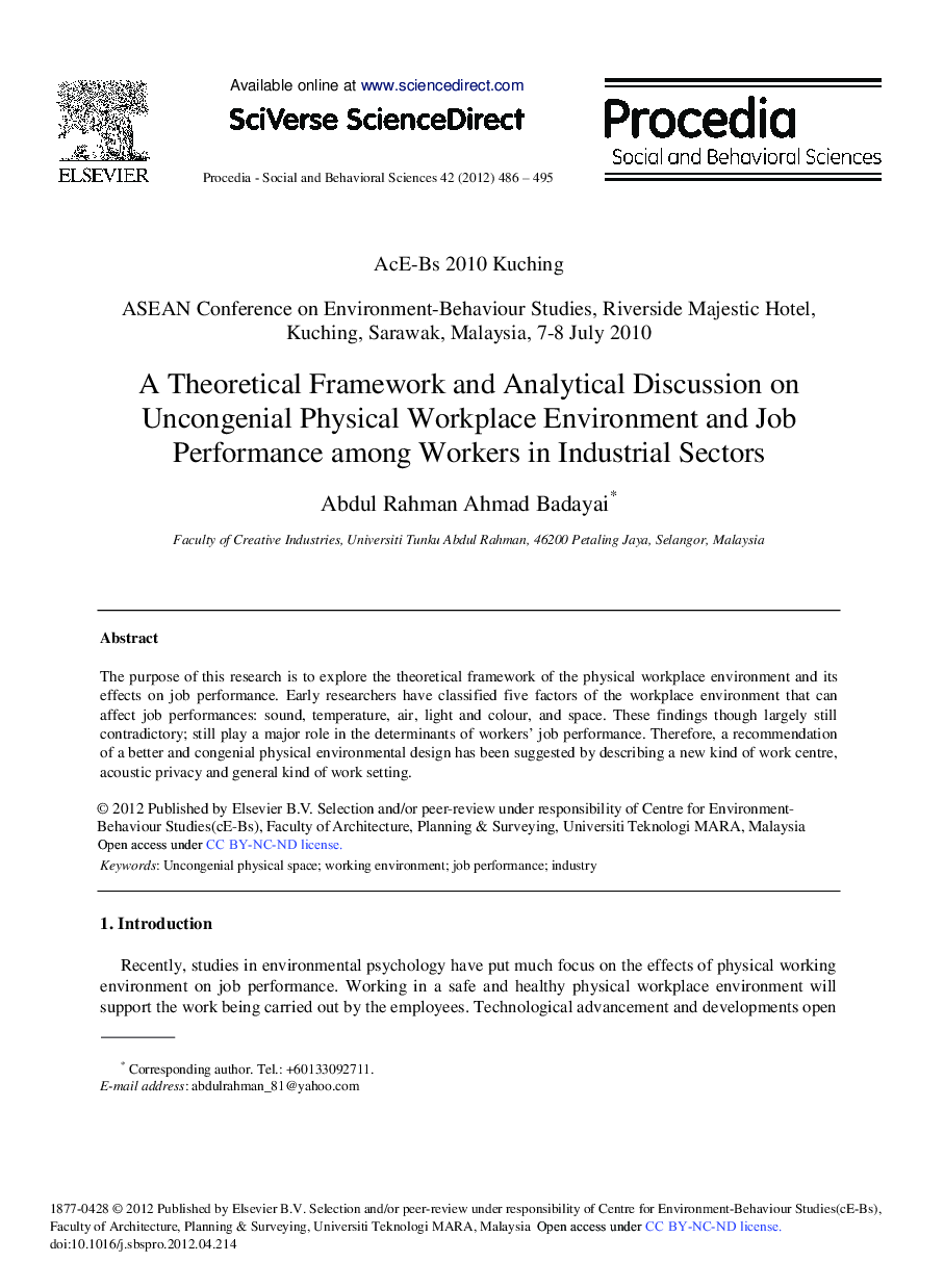 A Theoretical Framework and Analytical Discussion on Uncongenial Physical Workplace Environment and Job Performance among Workers in Industrial Sectors