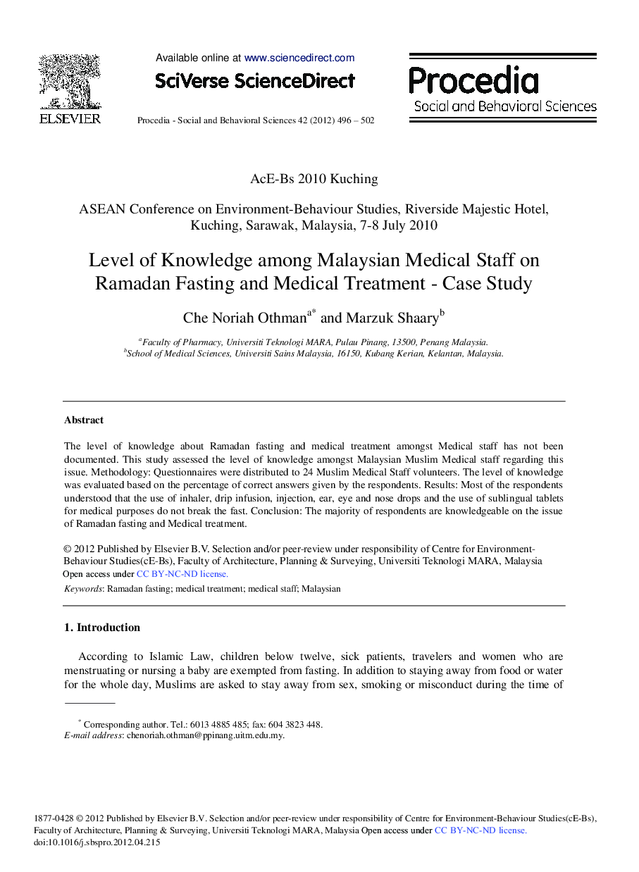 Level of Knowledge among Malaysian Medical Staff on Ramadan Fasting and Medical Treatment - Case Study