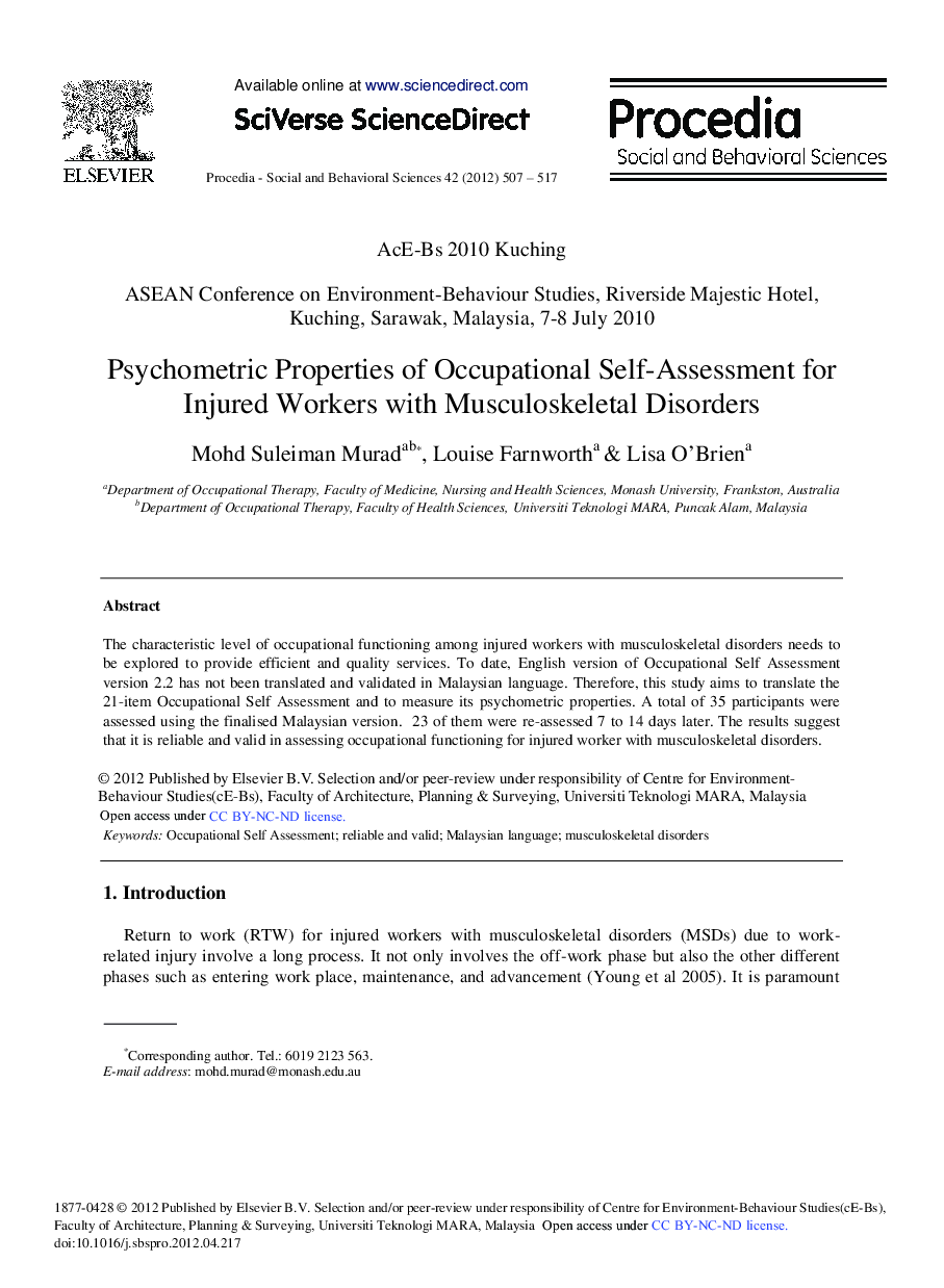 Psychometric Properties of Occupational Self-Assessment for Injured Workers with Musculoskeletal Disorders