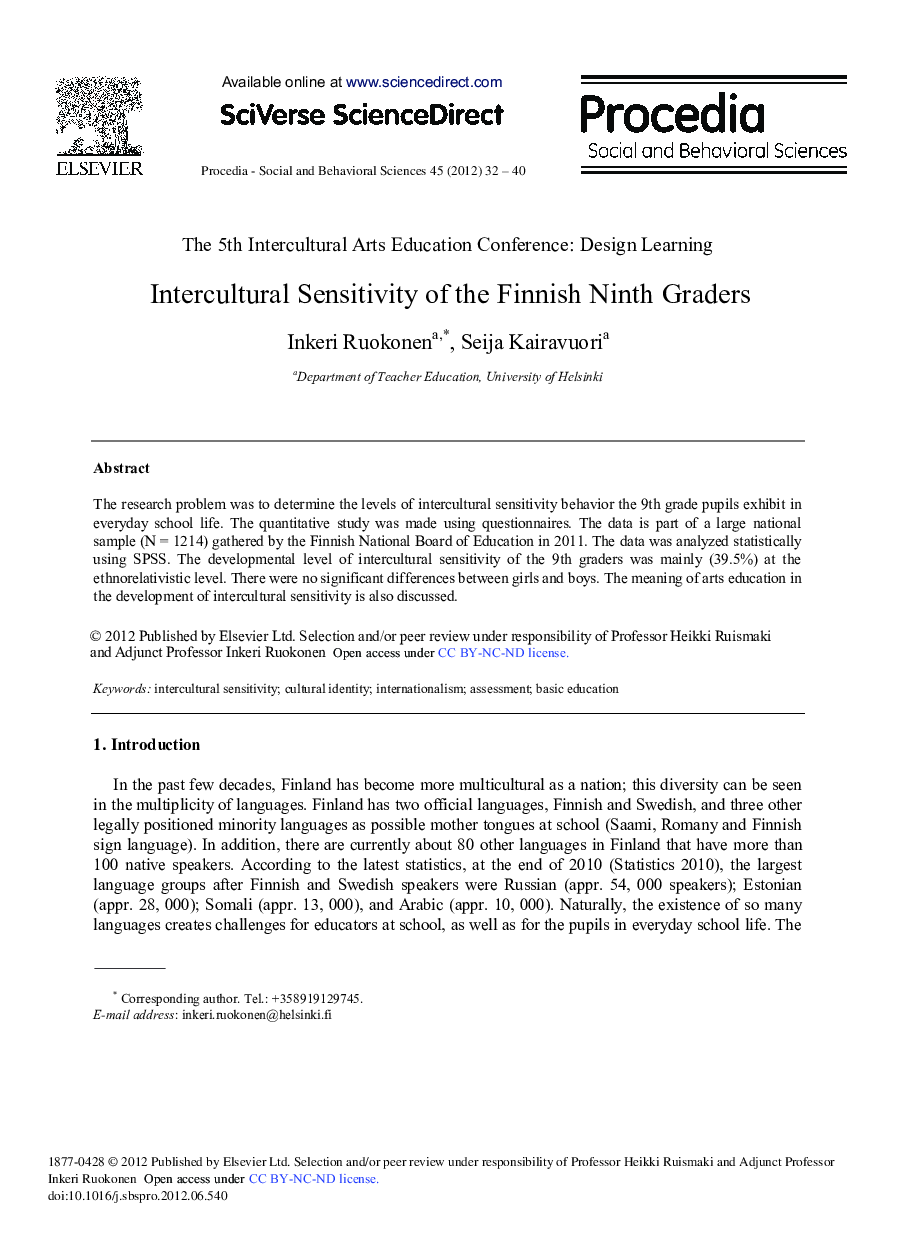 Intercultural Sensitivity of the Finnish Ninth Graders