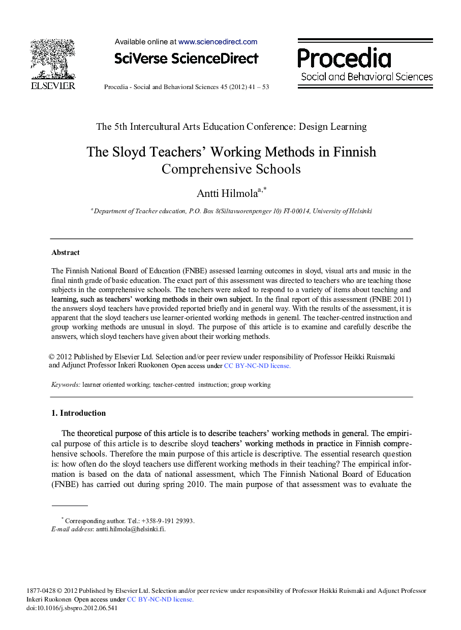 The Sloyd Teachers' Working Methods in Finnish Comprehensive Schools