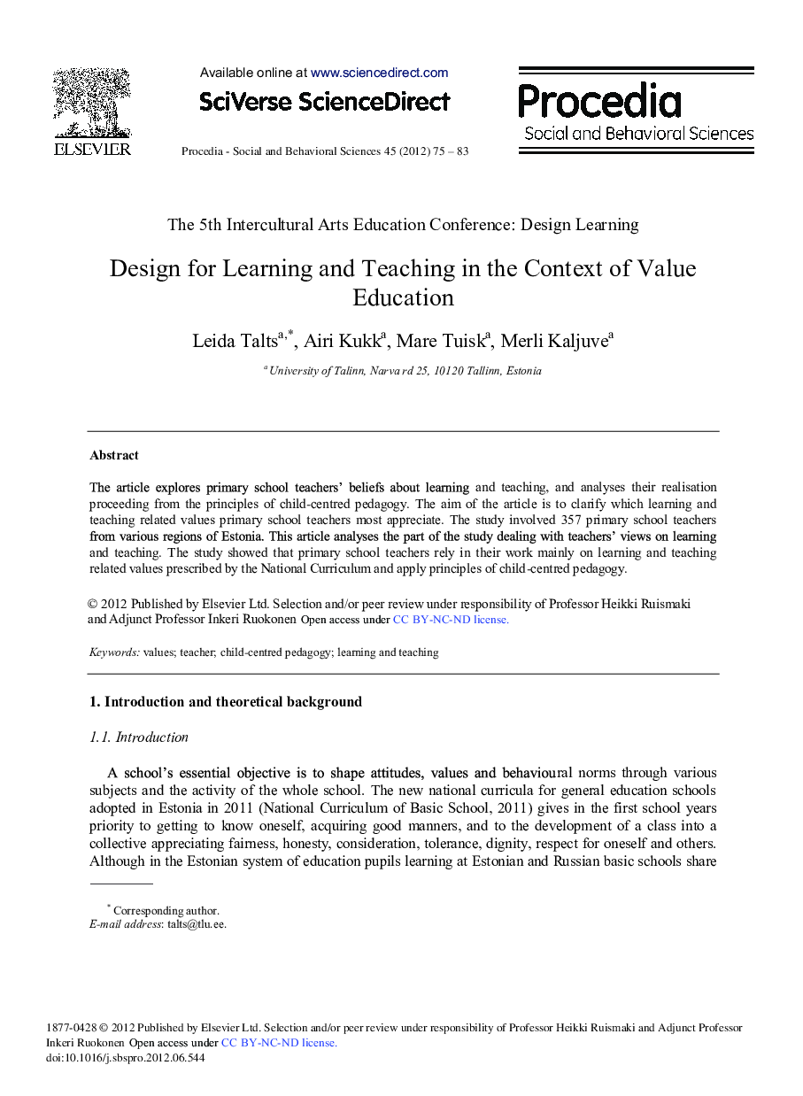 Design for Learning and Teaching in the Context of Value Education