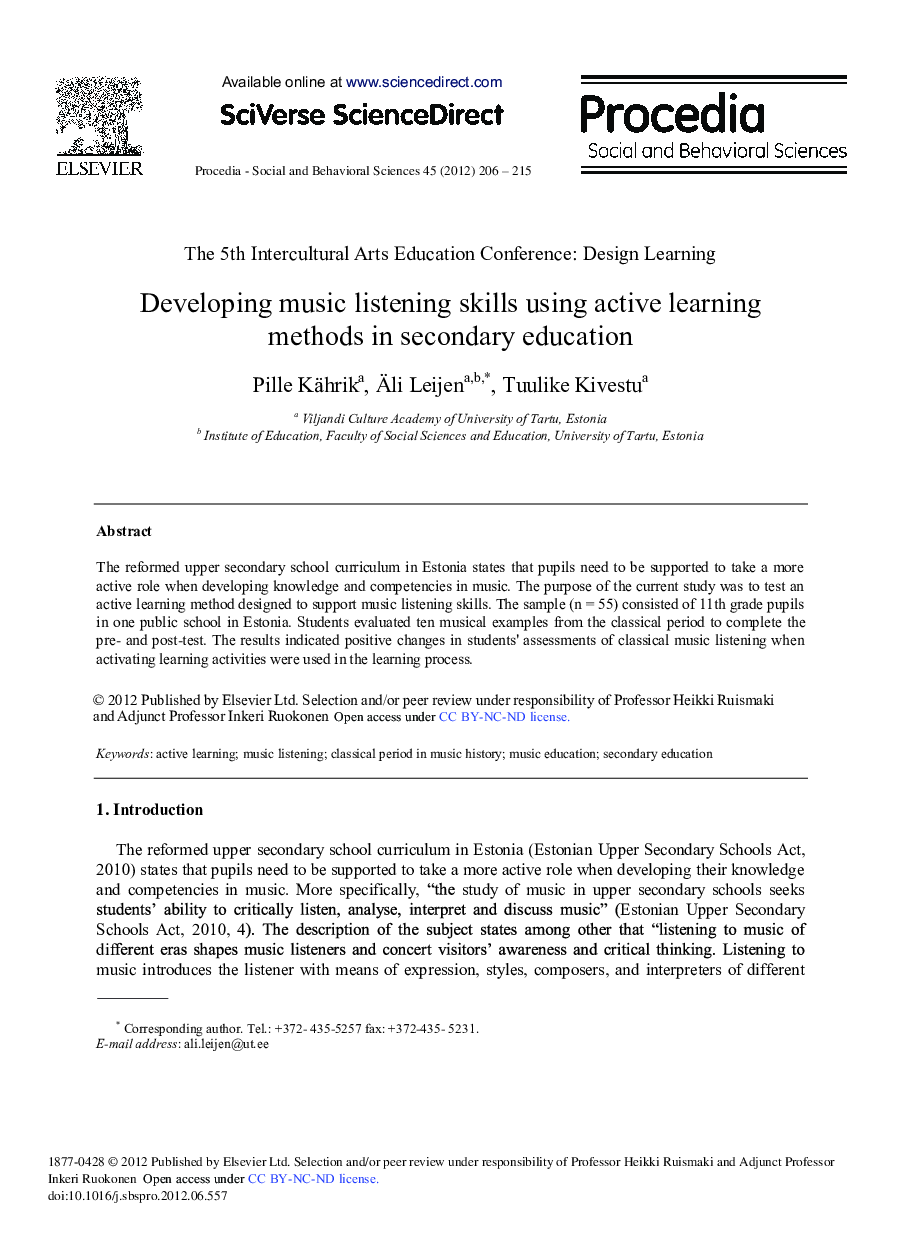 Developing Music Listening Skills Using Active Learning Methods in Secondary Education