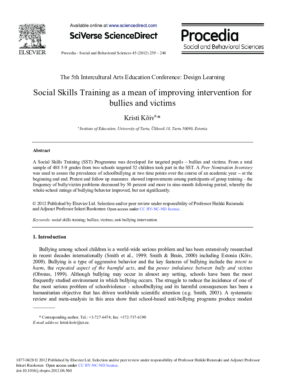 Social Skills Training as a Mean of Improving Intervention for Bullies and Victims