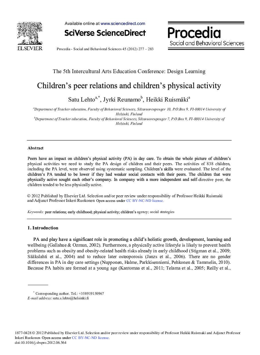 Children's Peer Relations and Children's Physical Activity