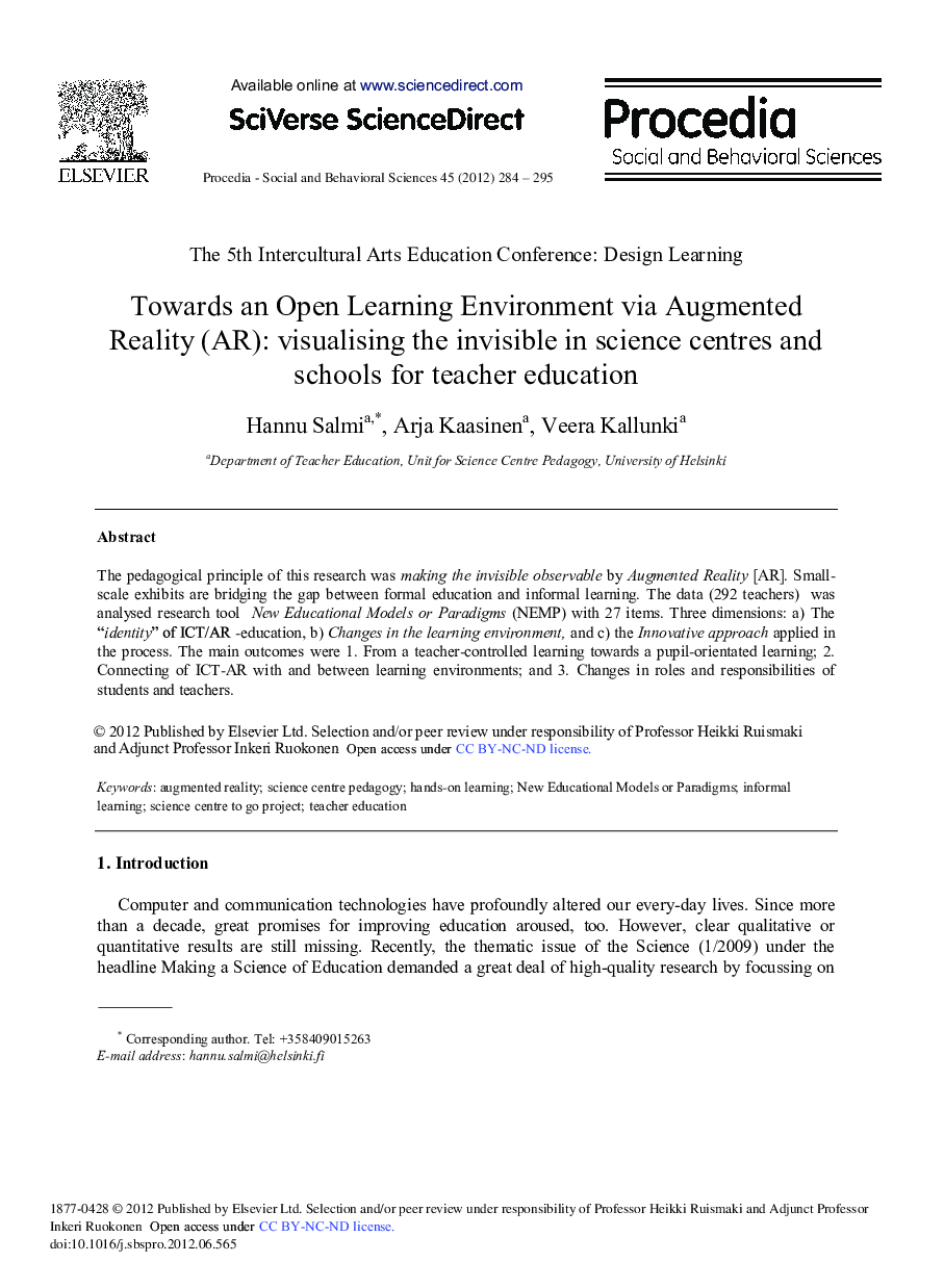 Towards an Open Learning Environment via Augmented Reality (AR): Visualising the Invisible in Science Centres and Schools for Teacher Education