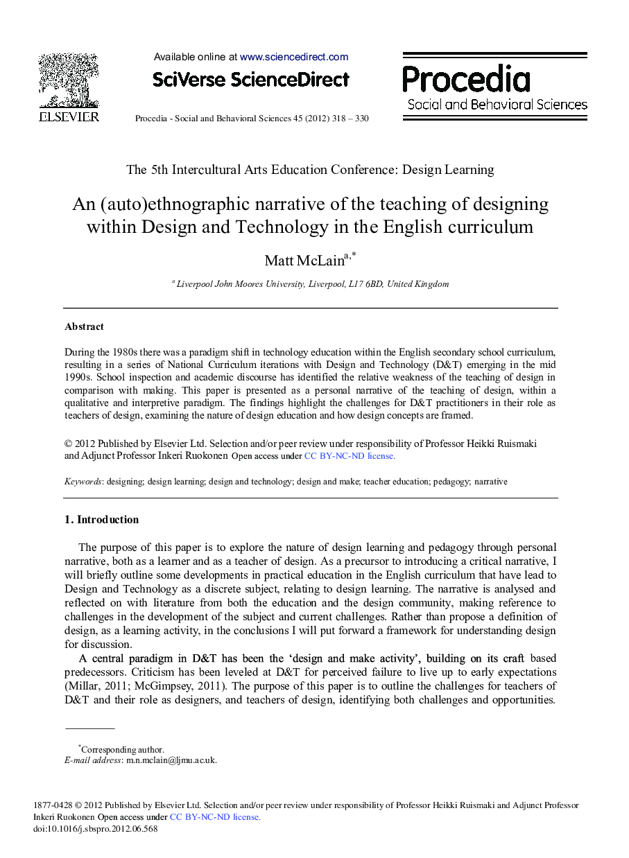 An (auto)Ethnographic Narrative of the Teaching of Designing within Design and Technology in the English Curriculum