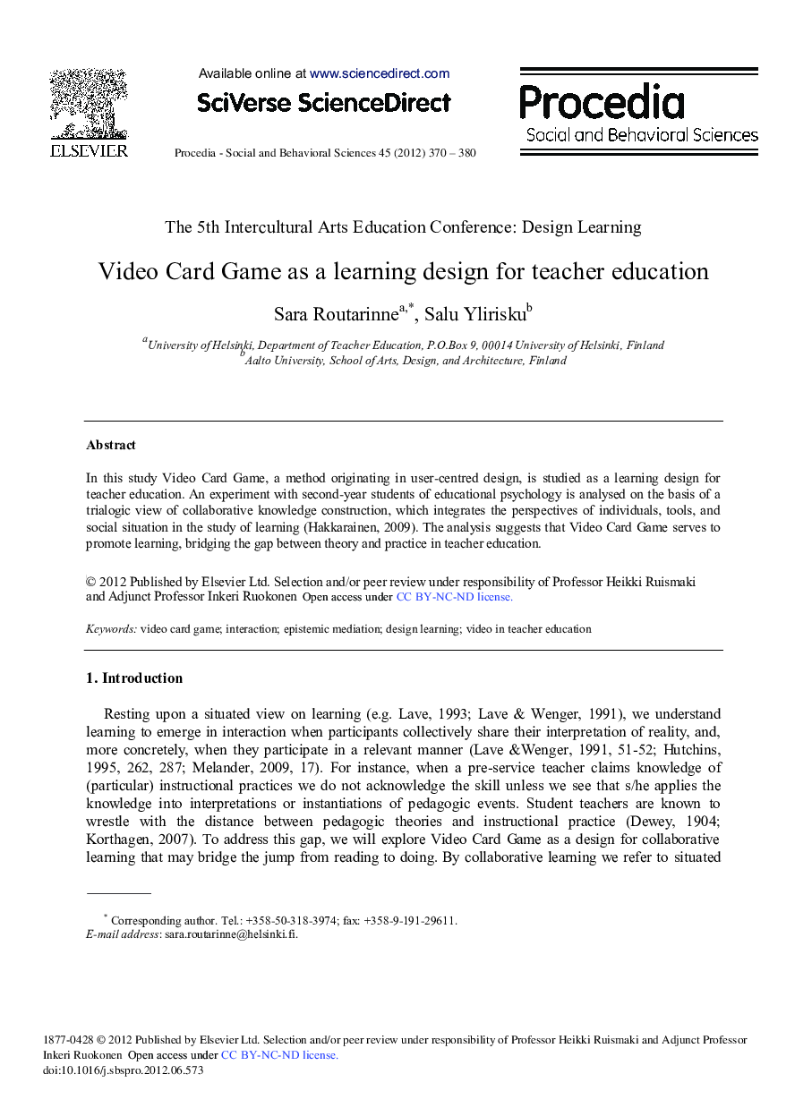 Video Card Game as a Learning Design for Teacher Education