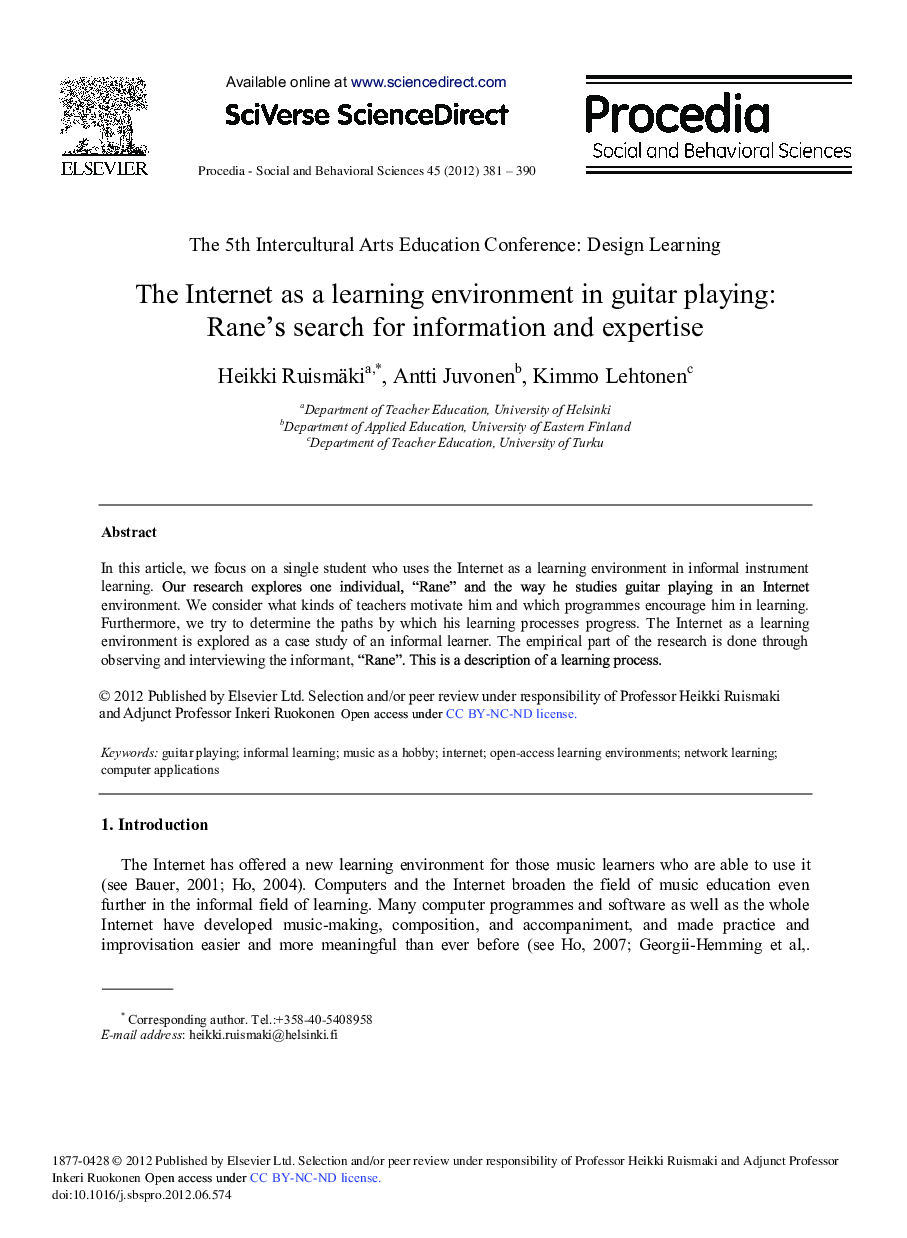 The Internet as a Learning Environment in Guitar Playing: Rane's Search for Information and Expertise