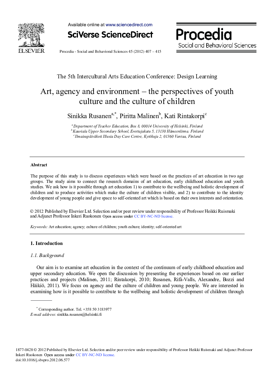 Art, Agency and Environment–the Perspectives of Youth Culture and the Culture of Children