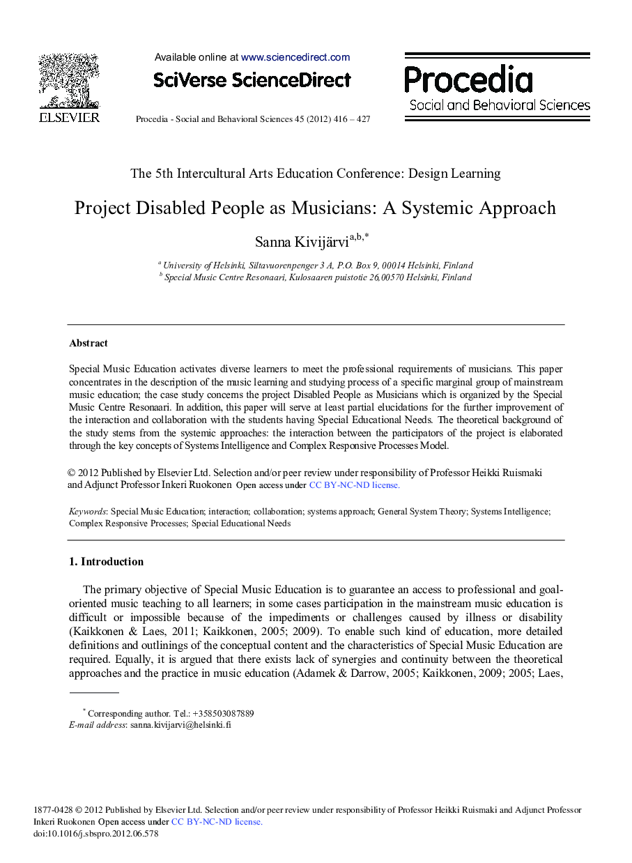 Project Disabled People as Musicians: A Systemic Approach