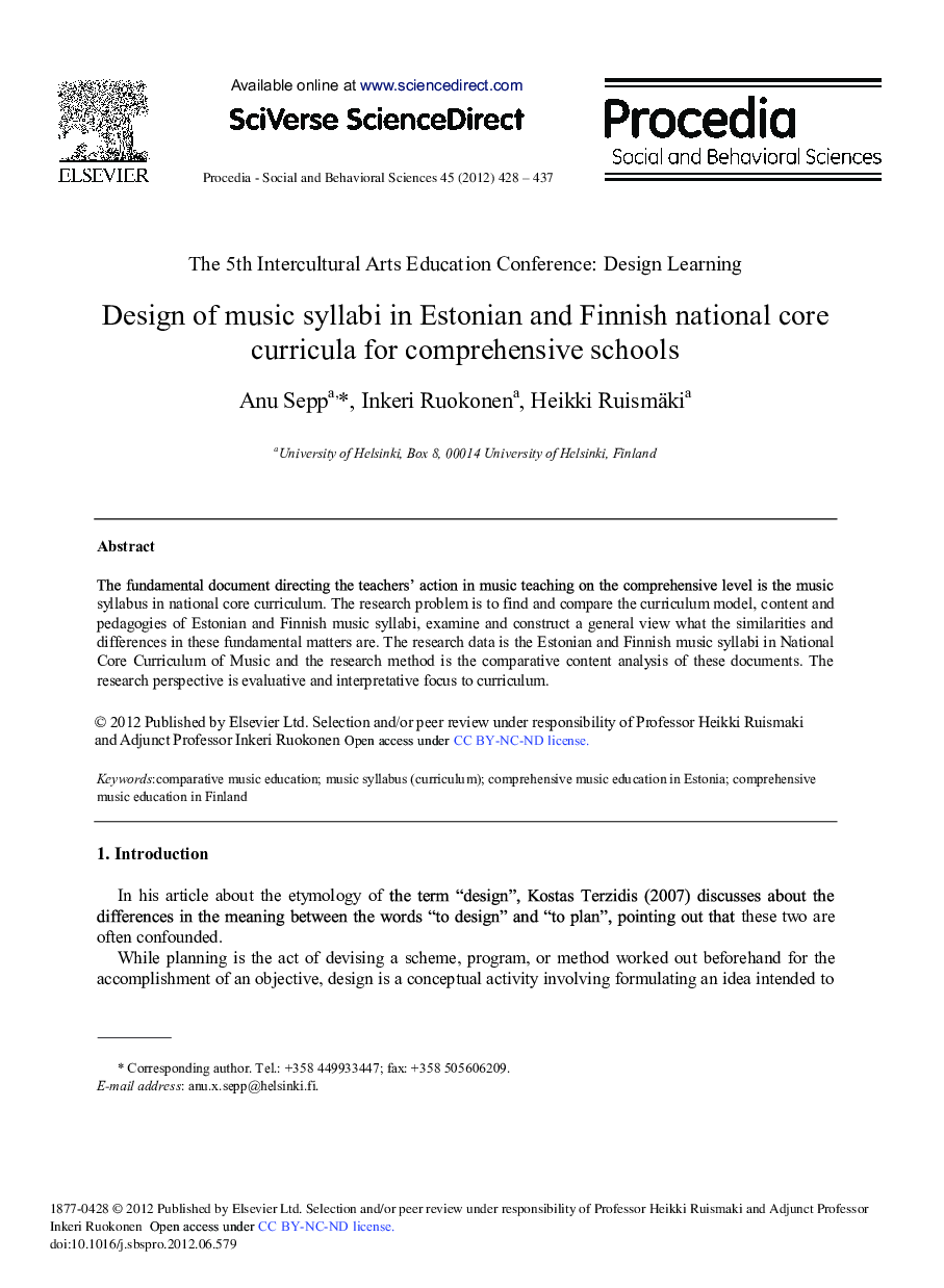 Design of Music Syllabi in Estonian and Finnish National Core Curricula for Comprehensive Schools