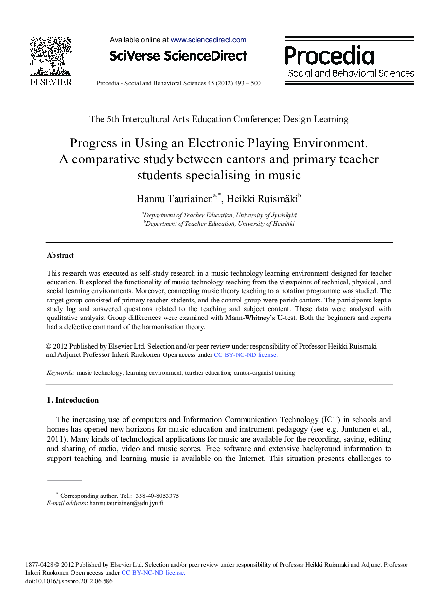 Progress in Using an Electronic Playing Environment. A Comparative Study between Cantors and Primary Teacher Students Specialising in Music