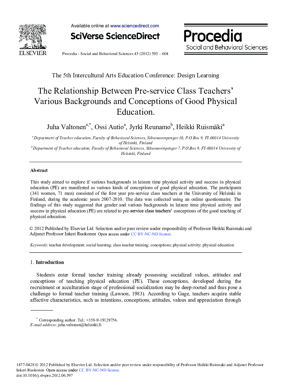 The Relationship Between Pre-Service Class Teacher's Various Backgrounds and Conceptions of Good Physical Education