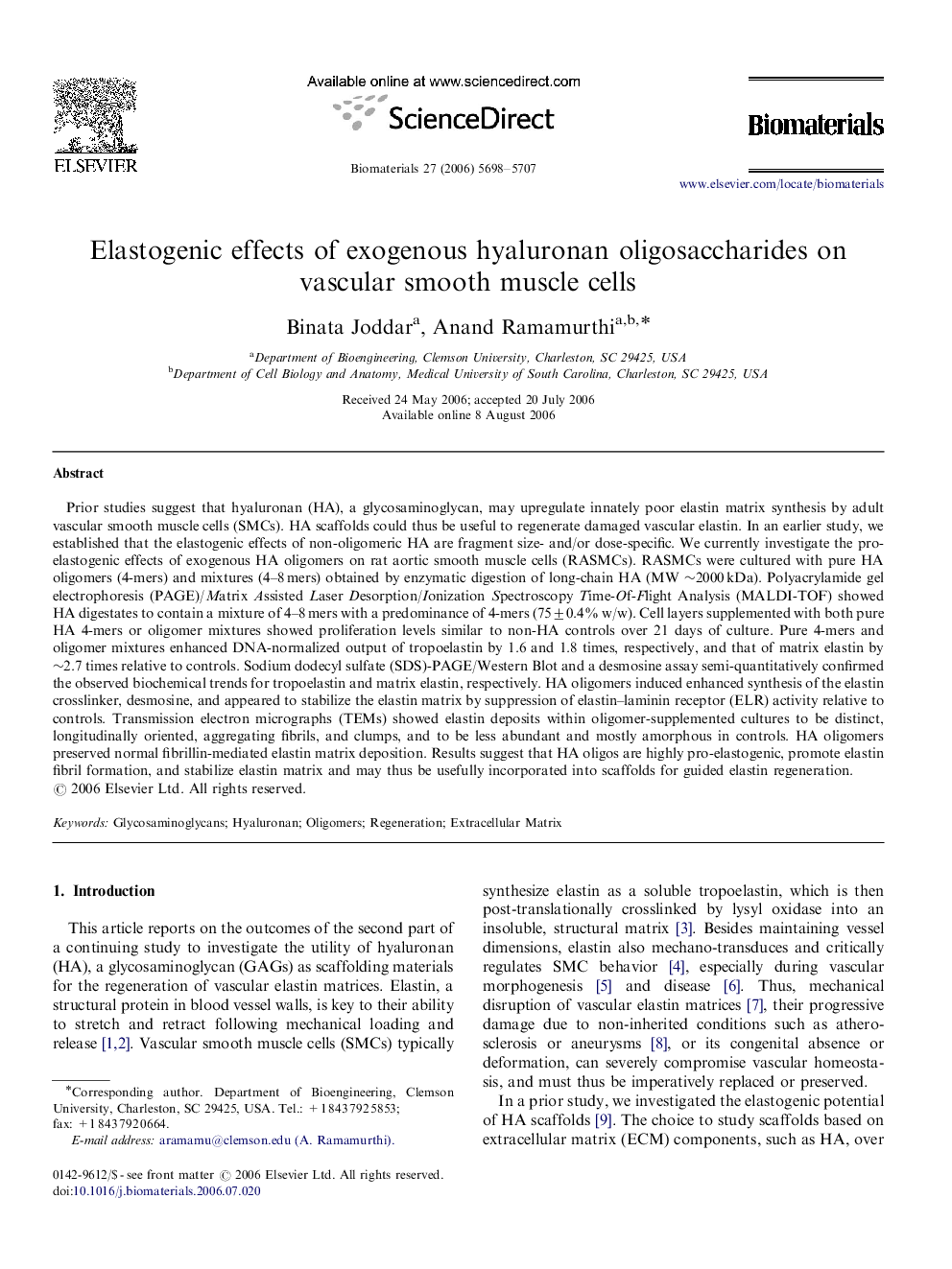 Elastogenic effects of exogenous hyaluronan oligosaccharides on vascular smooth muscle cells