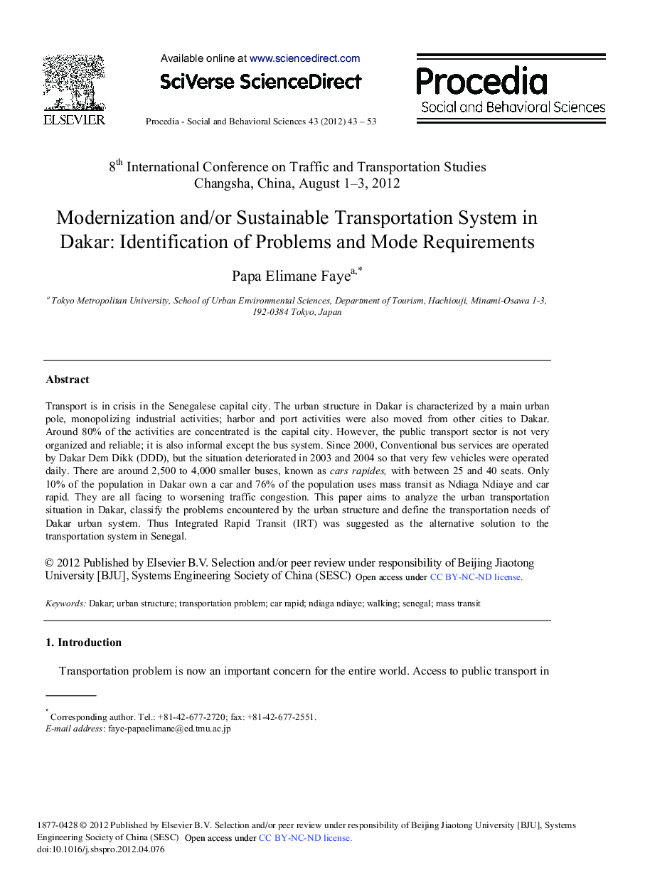 Modernization and/or Sustainable Transportation System in Dakar: Identification of Problems and Mode Requirements