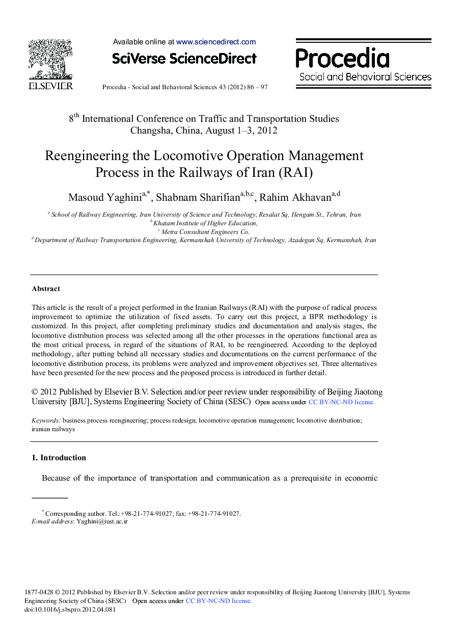 Reengineering the Locomotive Operation Management Process in the Railways of Iran (RAI)