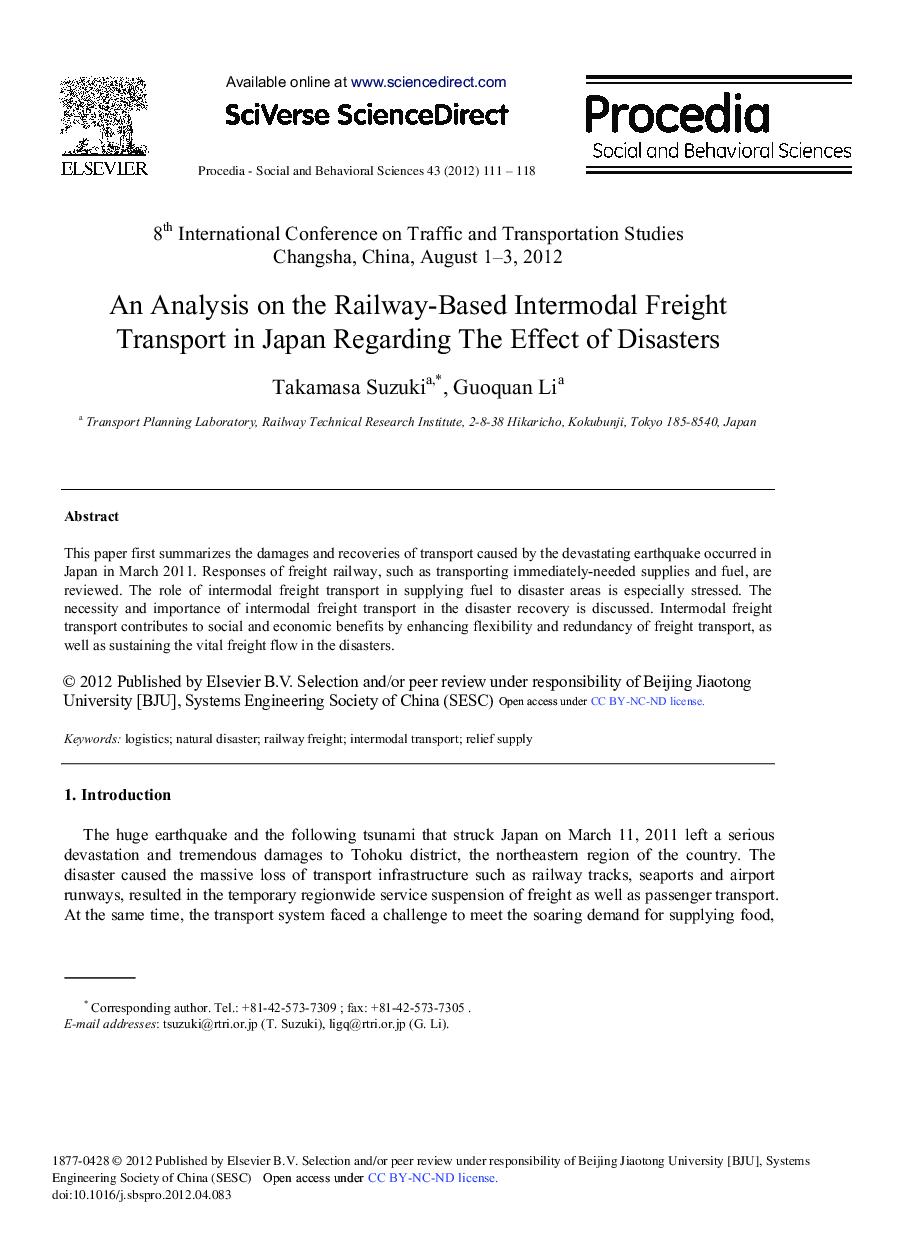 An Analysis on the Railway-Based Intermodal Freight Transport in Japan Regarding The Effect of Disasters