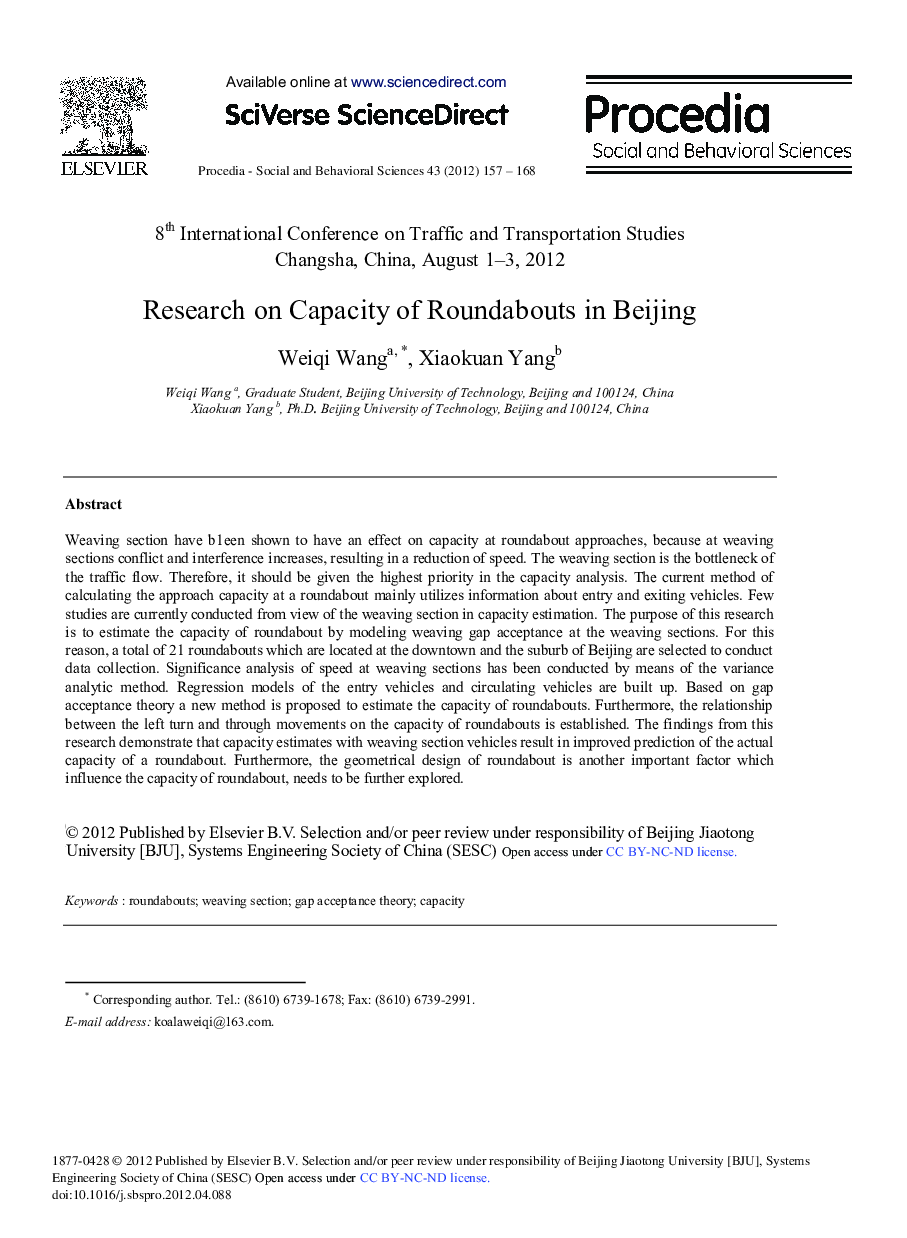 Research on Capacity of Roundabouts in Beijing