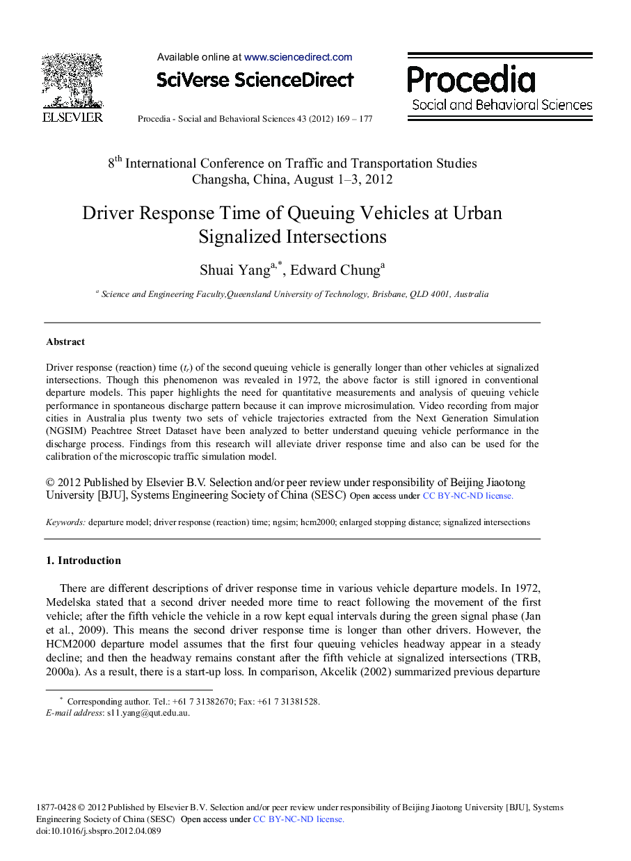 Driver Response Time of Queuing Vehicles at Urban Signalized Intersections