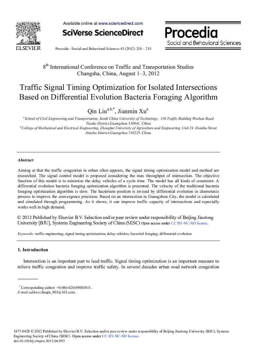 Traffic Signal Timing Optimization for Isolated Intersections Based on Differential Evolution Bacteria Foraging Algorithm