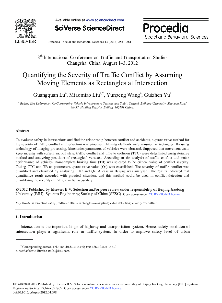 Quantifying the Severity of Traffic Conflict by Assuming Moving Elements as Rectangles at Intersection