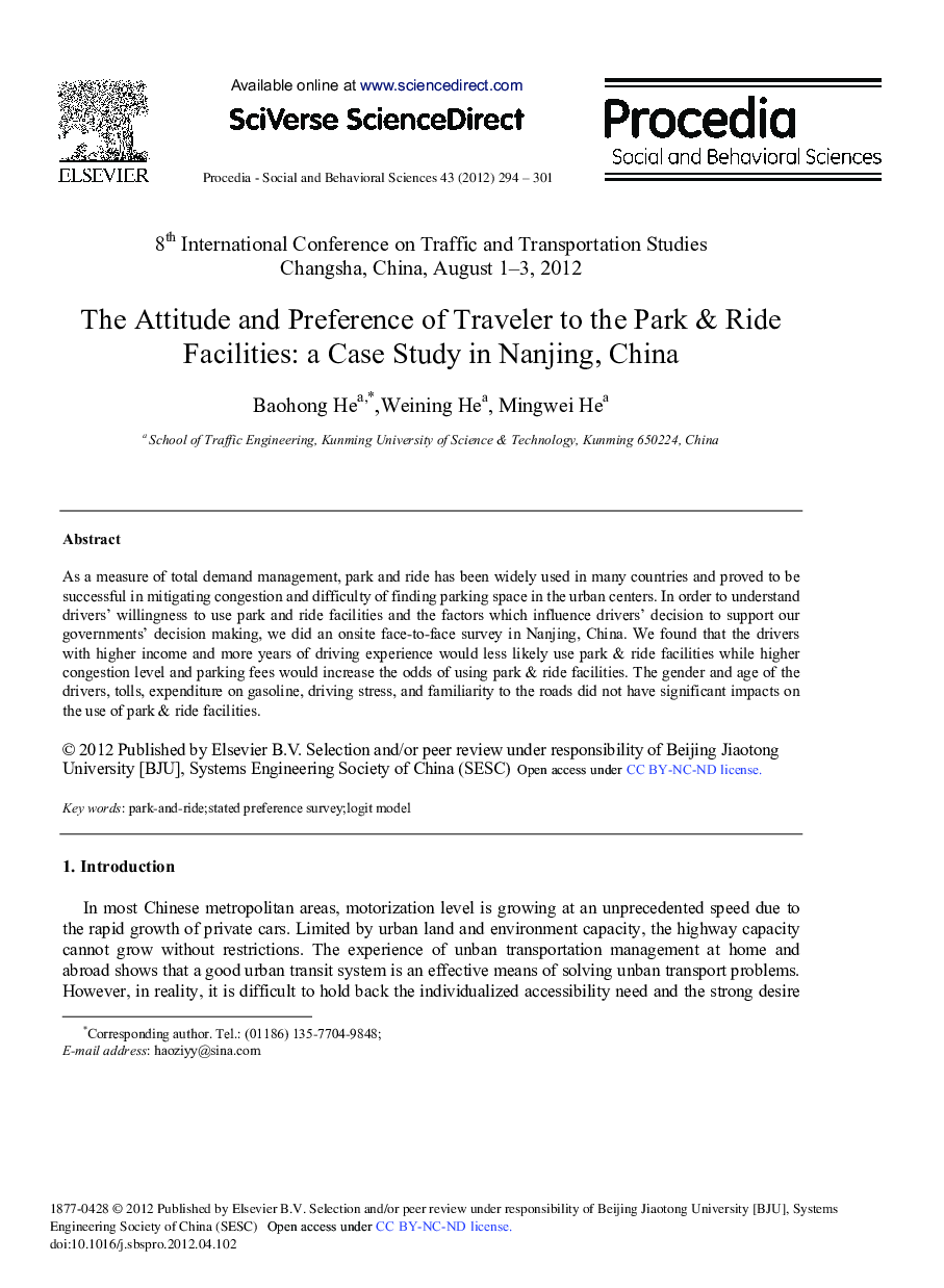 The Attitude and Preference of Traveler to the Park & Ride Facilities: a Case Study in Nanjing, China